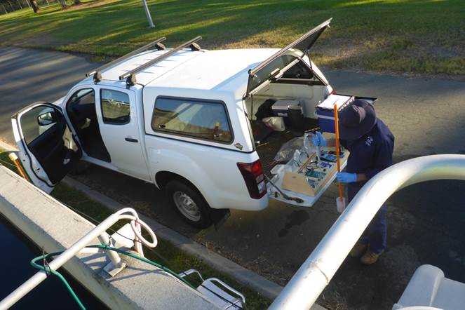 On Tap 6 - Cliff Casey testing treated effluent from the chlorine contact tank at Cleveland wastewater treatment plant for chlorine, pH, conductivity and turbidity. This was part of the chlorine impact study during the de-chlorination trial.