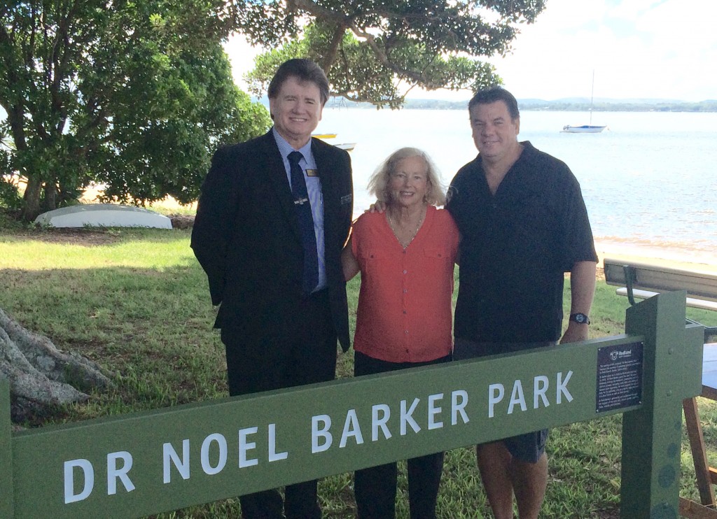 Redland City Division 4 Councillor Lance Hewlett with Lyndal Barker and William Lowe who led the push for the Victoria Point Park to be named in honour of Dr Barker and 